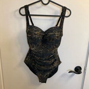 Black Niptuck Swim one-piece swimsuit with gold flower/leaf print,size 6US/36EUR